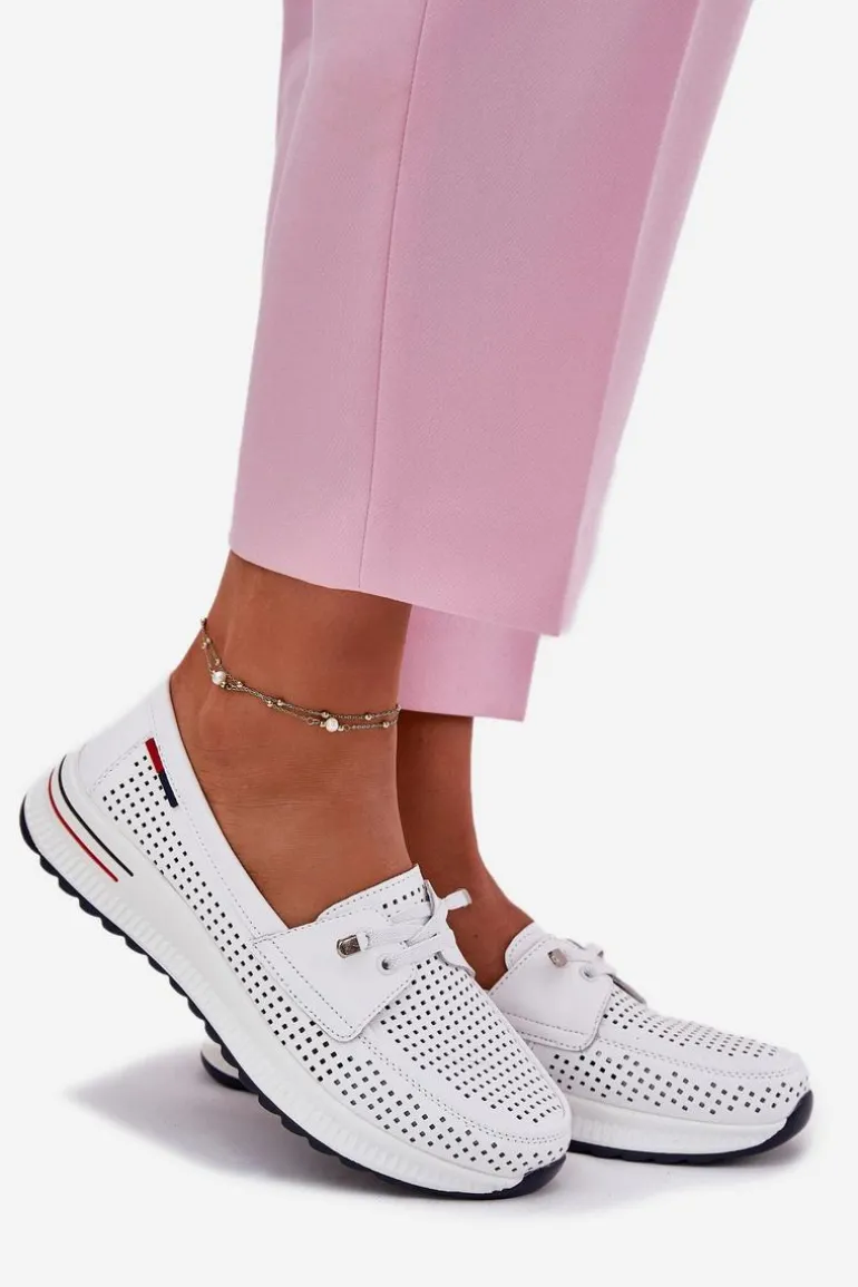 Skórzane Półbuty Damskie Na Platformie Białe Violeth