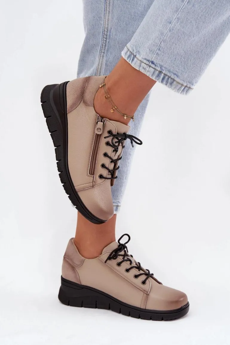 Skórzane Półbuty Damskie Na Koturnie Vinceza 39964 Beżowe