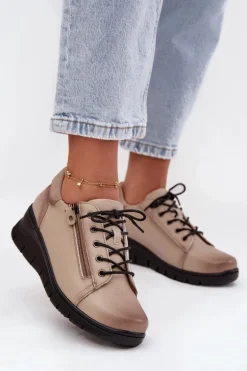 Skórzane Półbuty Damskie Na Koturnie Vinceza 39964 Beżowe