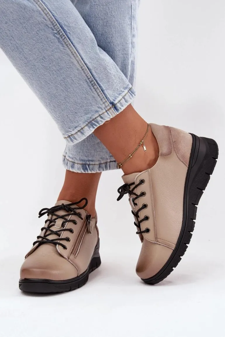 Skórzane Półbuty Damskie Na Koturnie Vinceza 39964 Beżowe