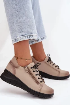 Skórzane Półbuty Damskie Na Koturnie Vinceza 39964 Beżowe