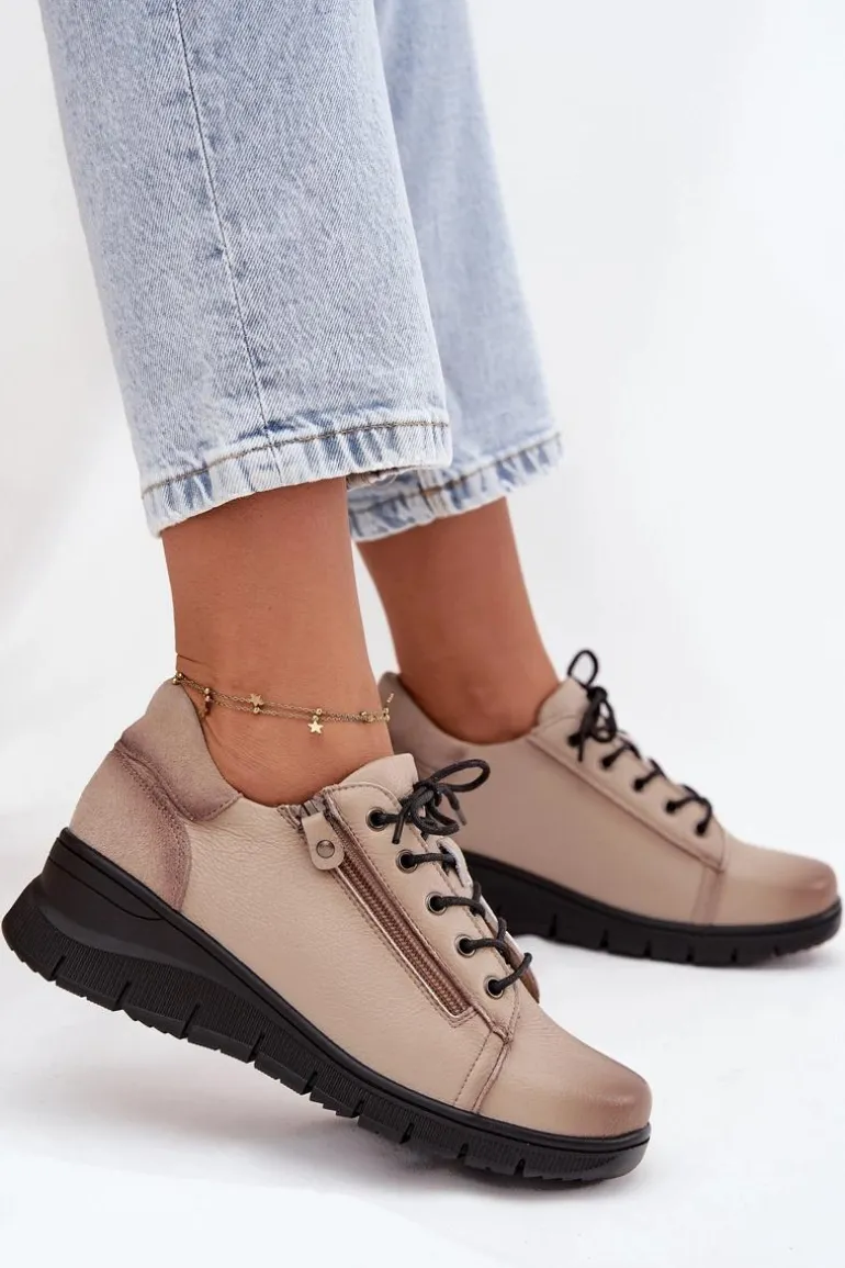 Skórzane Półbuty Damskie Na Koturnie Vinceza 39964 Beżowe