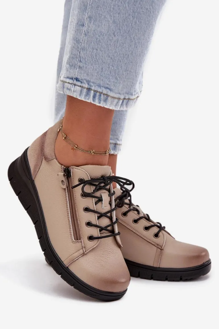 Skórzane Półbuty Damskie Na Koturnie Vinceza 39964 Beżowe