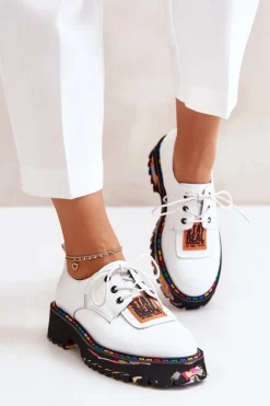 Skórzane Półbuty Damskie Sznurowane Artiker 55C0500 Białe