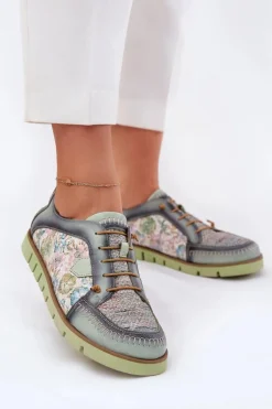 Skórzane Półbuty Damskie Wzorzyste Maciejka 06784-09 Zielone
