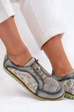Skórzane Półbuty Damskie Wzorzyste Maciejka 06784-09 Zielone