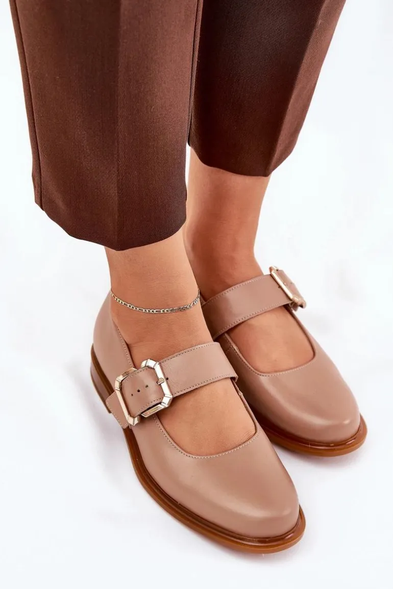 Skórzane Półbuty Damskie Z Klamrą Laura Messi 2980 Ciemnobeżowe