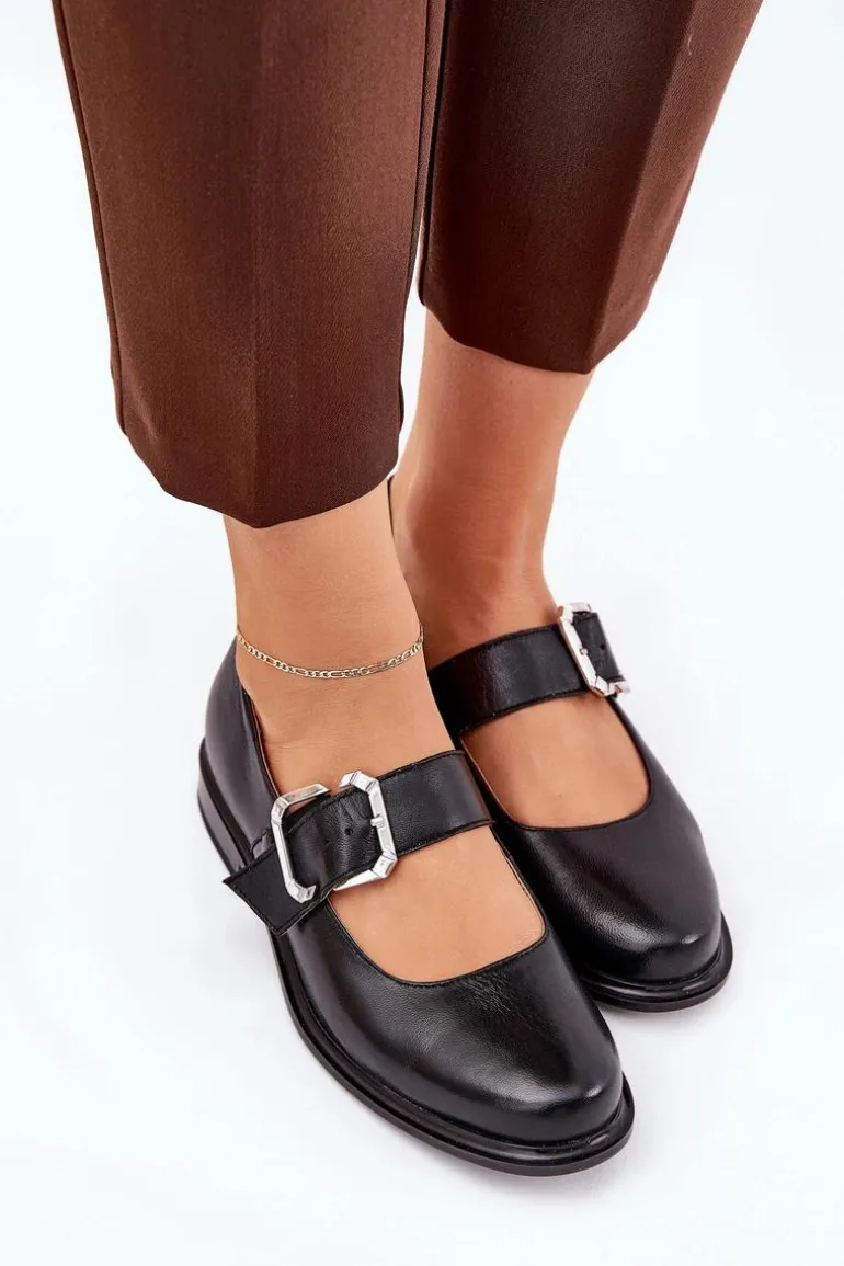 Skórzane Półbuty Damskie Z Klamrą Laura Messi 2980 Czarne