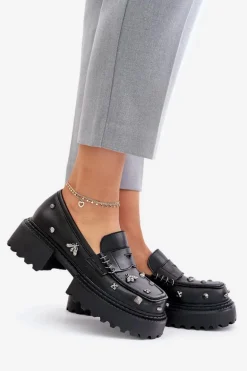 Skórzane Półbuty Damskie Z Ozdobami D&A MR880-102 Czarne