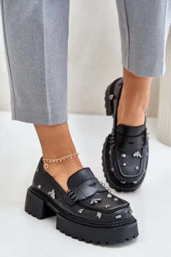 Skórzane Półbuty Damskie Z Ozdobami D&A MR880-102 Czarne