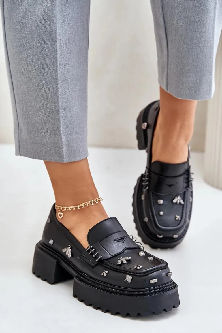 Skórzane Półbuty Damskie Z Ozdobami D&A MR880-102 Czarne