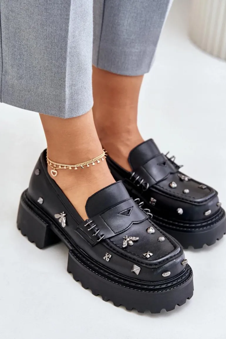 Skórzane Półbuty Damskie Z Ozdobami D&A MR880-102 Czarne