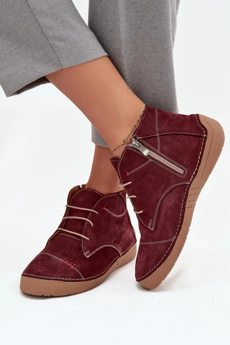 Skórzane Półbuty Damskie Z Przeszyciami Na Zamek Artiker 57C2116 Bordowe