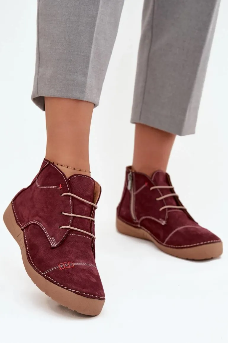 Skórzane Półbuty Damskie Z Przeszyciami Na Zamek Artiker 57C2116 Bordowe