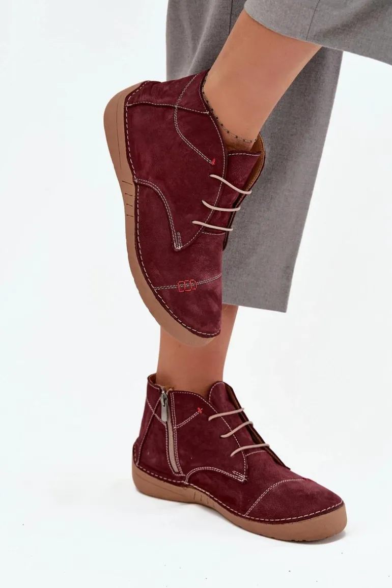 Skórzane Półbuty Damskie Z Przeszyciami Na Zamek Artiker 57C2116 Bordowe