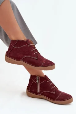 Skórzane Półbuty Damskie Z Przeszyciami Na Zamek Artiker 57C2116 Bordowe