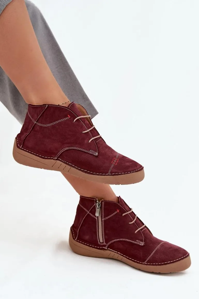 Skórzane Półbuty Damskie Z Przeszyciami Na Zamek Artiker 57C2116 Bordowe