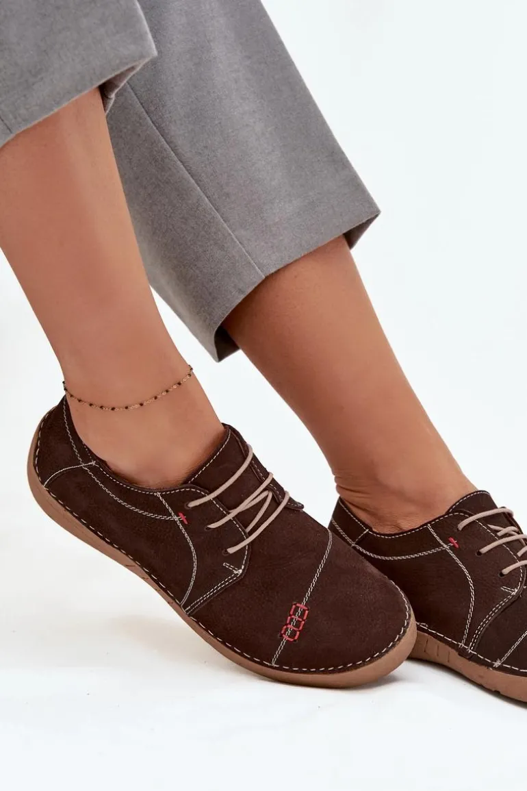 Skórzane Półbuty Damskie Z Przeszyciami Artiker 57C2114 Brązowe