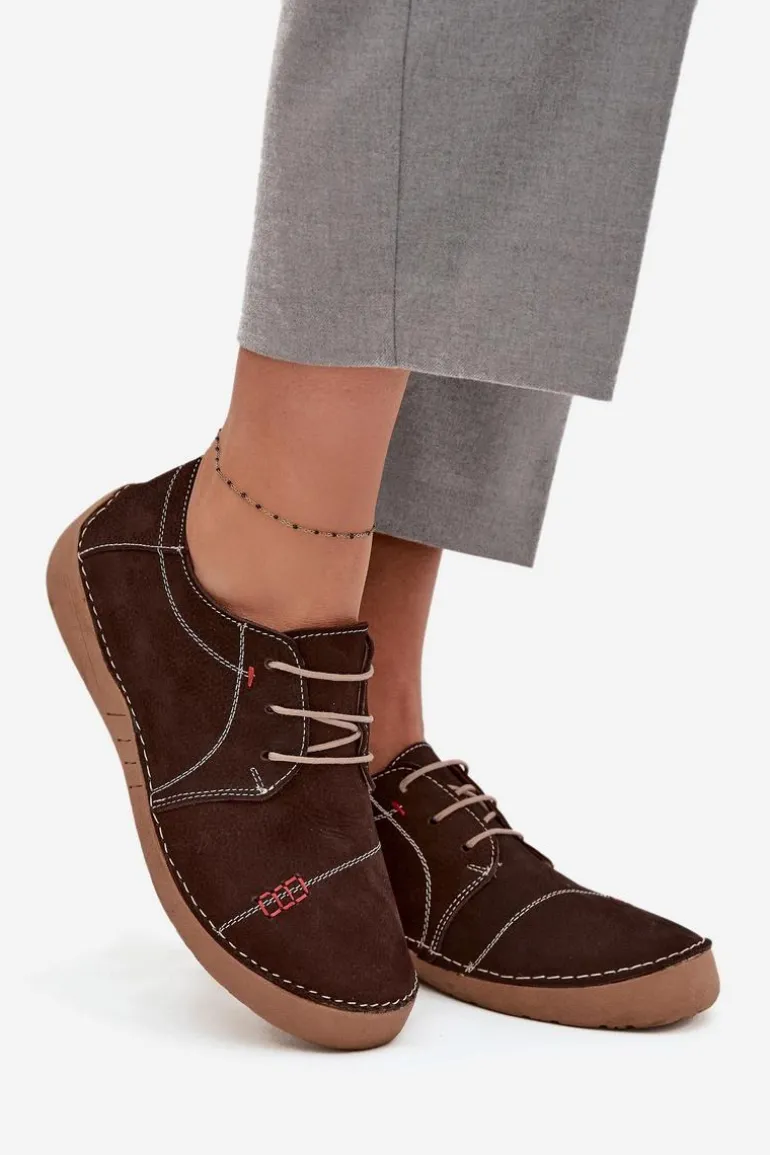 Skórzane Półbuty Damskie Z Przeszyciami Artiker 57C2114 Brązowe