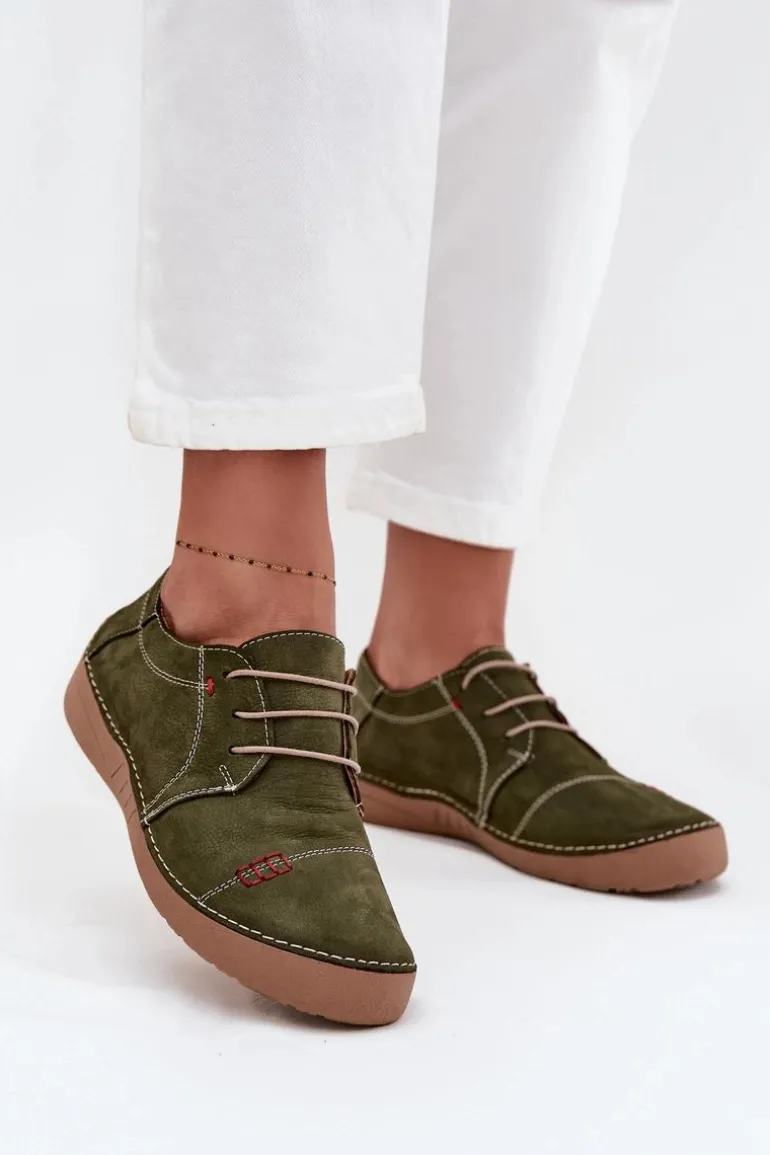 Skórzane Półbuty Damskie Z Przeszyciami Artiker 57C2112 Zielone