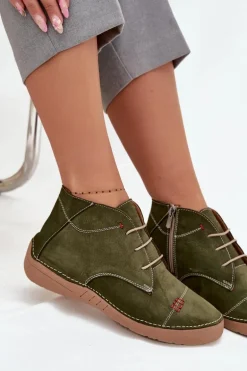 Skórzane Półbuty Damskie Z Przeszyciami Na Zamek Artiker 57C2119 Zielone
