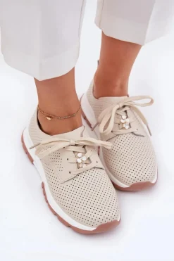 Skórzane Półbuty Damskie Z Przypinką Artiker 54C1811 Beżowe