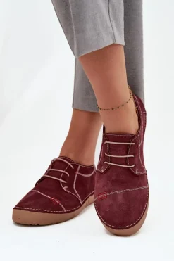 Skórzane Półbuty Damskie Z Przeszyciami Artiker 57C2111 Bordowe