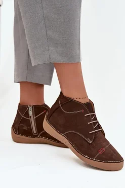 Skórzane Półbuty Damskie Z Przeszyciami Na Zamek Artiker 57C2117 Brązowe