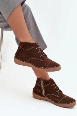 Skórzane Półbuty Damskie Z Przeszyciami Na Zamek Artiker 57C2117 Brązowe