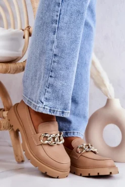 Skórzane Półbuty Loafery Łańcuch Ciemnobeżowe Amicable