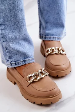 Skórzane Półbuty Loafery Łańcuch Ciemnobeżowe Amicable