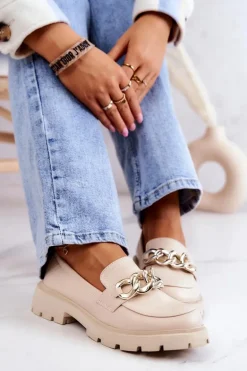 Skórzane Półbuty Loafery Łańcuch Beżowe Amicable