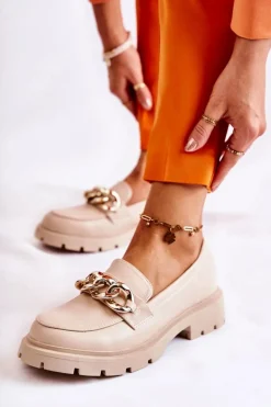 Skórzane Półbuty Loafery Łańcuch Jasnobeżowe Amicable