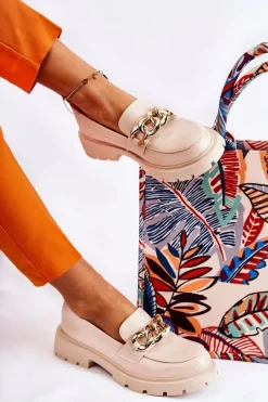 Skórzane Półbuty Loafery Łańcuch Jasnobeżowe Amicable