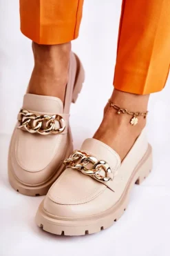 Skórzane Półbuty Loafery Łańcuch Jasnobeżowe Amicable