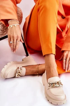 Skórzane Półbuty Loafery Łańcuch Jasnobeżowe Amicable