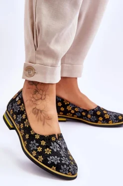 Skórzane Półbuty Maciejka Żółte Kwiaty 05035-38 Czarne
