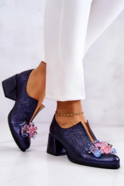 Skórzane Półbuty Metaliczne Z Ozdobą Granatowe Delaver