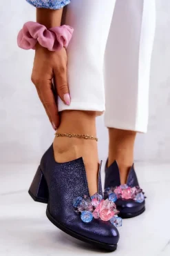 Skórzane Półbuty Metaliczne Z Ozdobą Granatowe Delaver