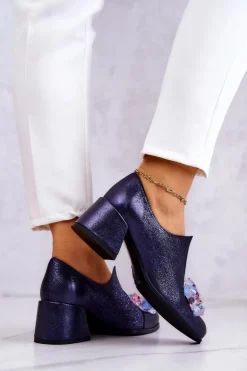 Skórzane Półbuty Metaliczne Z Ozdobą Granatowe Delaver