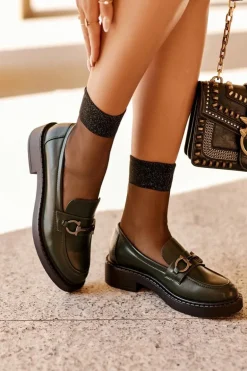 Skórzane Półbuty Mokasyny Damskie Ciemnozielone Beanika