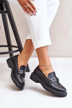 Skórzane Półbuty Mokasyny Damskie Czarne Beanika