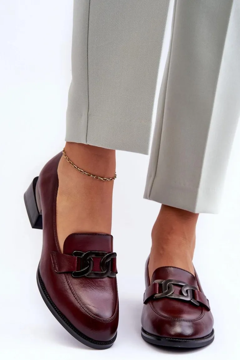 Skórzane Półbuty Mokasyny Na Obcasie Bordowe Sakina
