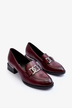 Skórzane Półbuty Mokasyny Na Obcasie Bordowe Sakina