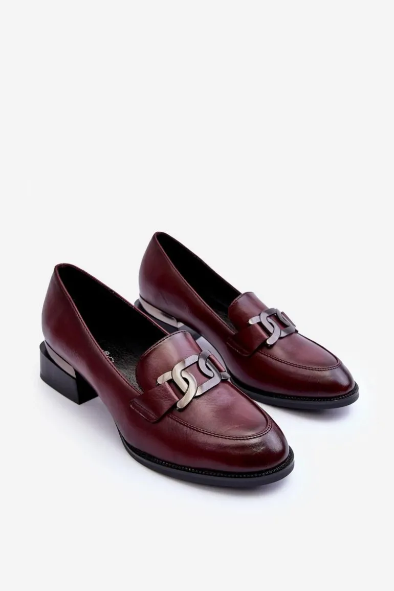 Skórzane Półbuty Mokasyny Na Obcasie Bordowe Sakina