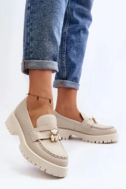 Skórzane Półbuty Mokasyny Z Misiem CheBello 4291 Jasnobeżowe