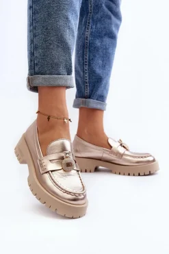 Skórzane Półbuty Mokasyny Z Ozdobą CheBello 4291 Złote