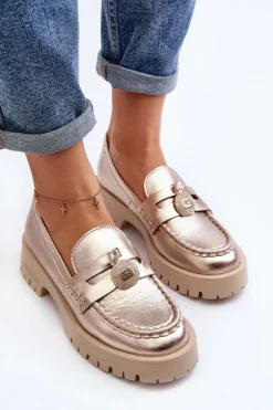Skórzane Półbuty Mokasyny Z Ozdobą CheBello 4291 Złote