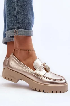 Skórzane Półbuty Mokasyny Z Ozdobą CheBello 4291 Złote