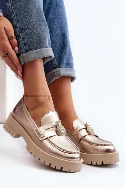 Skórzane Półbuty Mokasyny Z Ozdobą CheBello 4291 Złote